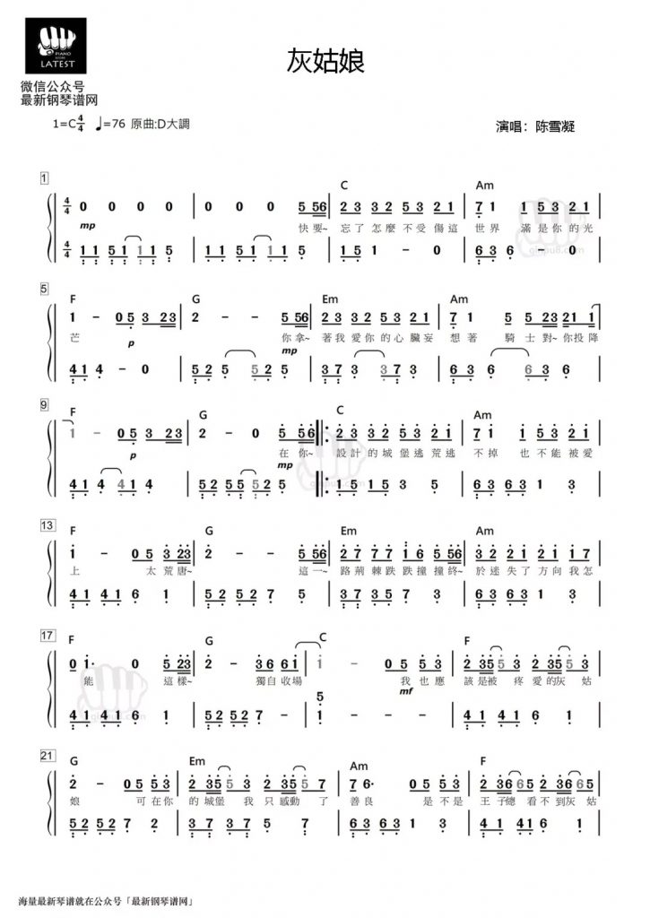 《灰姑娘》钢琴数字简谱