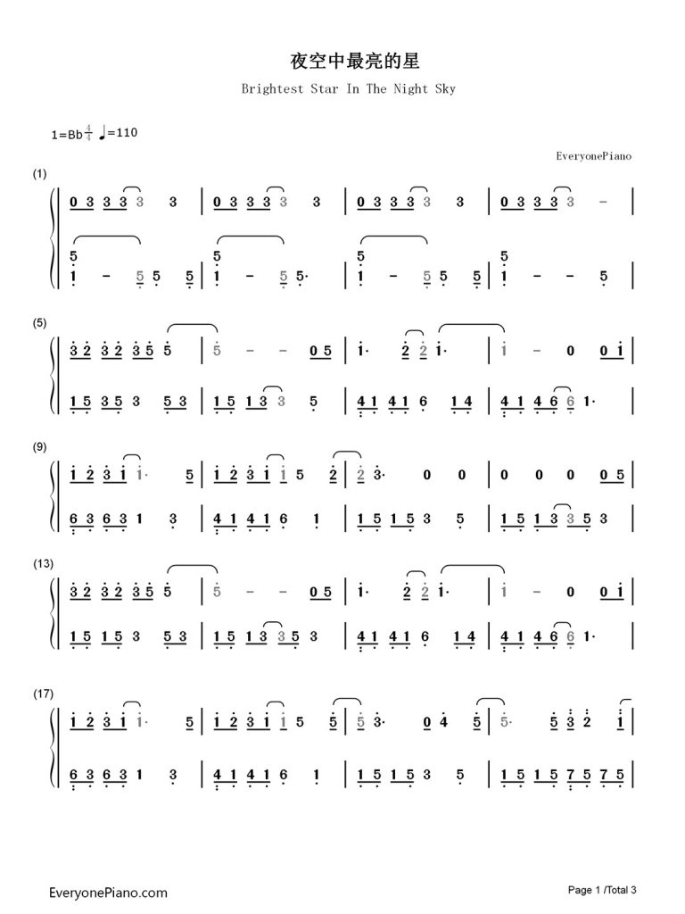 《夜空中最亮的星》钢琴数字简谱