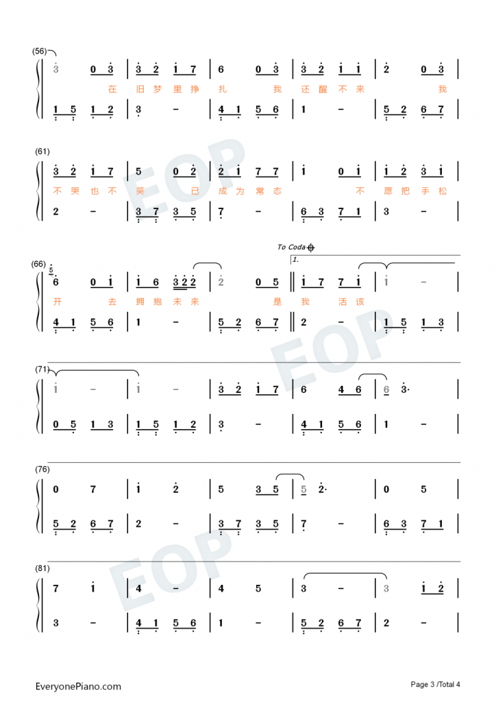 抖音热歌《活该》钢琴数字简谱