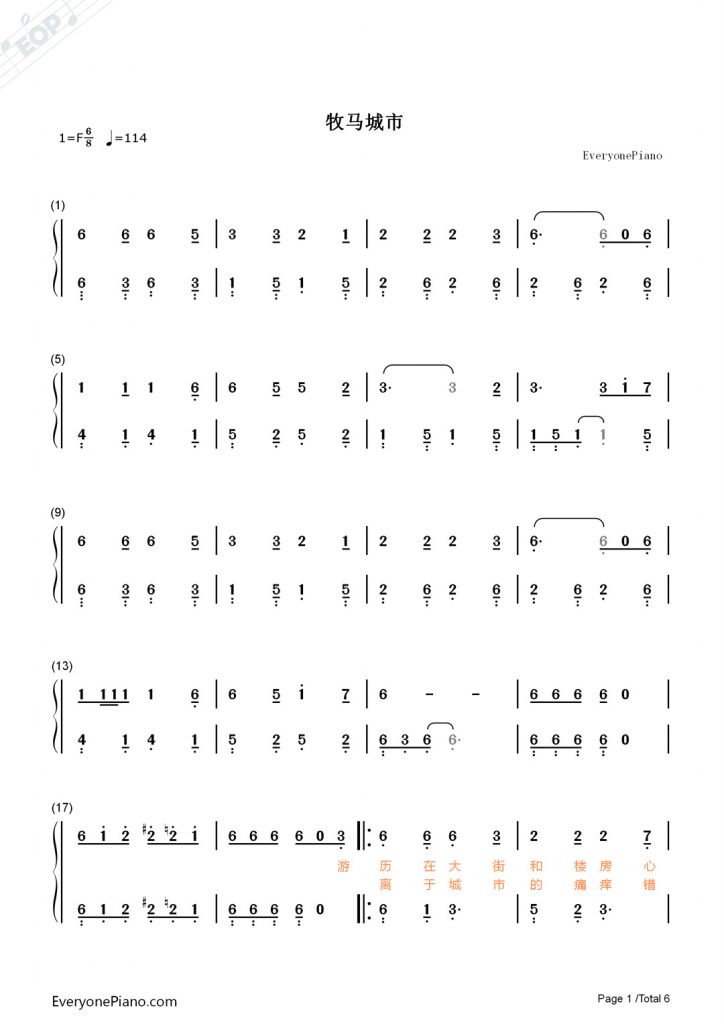 毛不易《牧马城市》 钢琴数字简谱-《老男孩》片尾曲