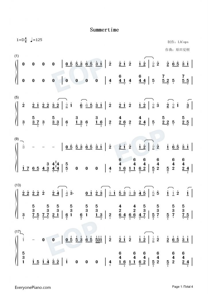 Summertime-夏日时光 钢琴数字简谱-史上最甜的日语歌-抖音热歌