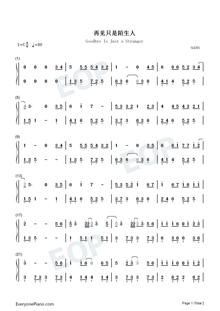 再见只是陌生人 钢琴数字简谱 – 抖音热歌
