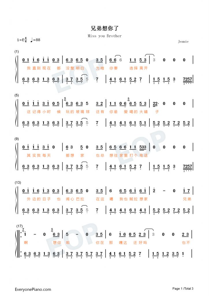 兄弟想你了 钢琴数字简谱 -抖音热歌