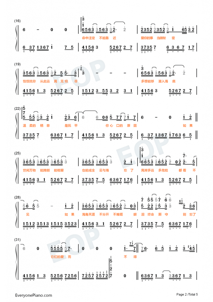 云与海 钢琴数字简谱-如果世间万物能跨越能相爱也能成全云与海-抖音热歌