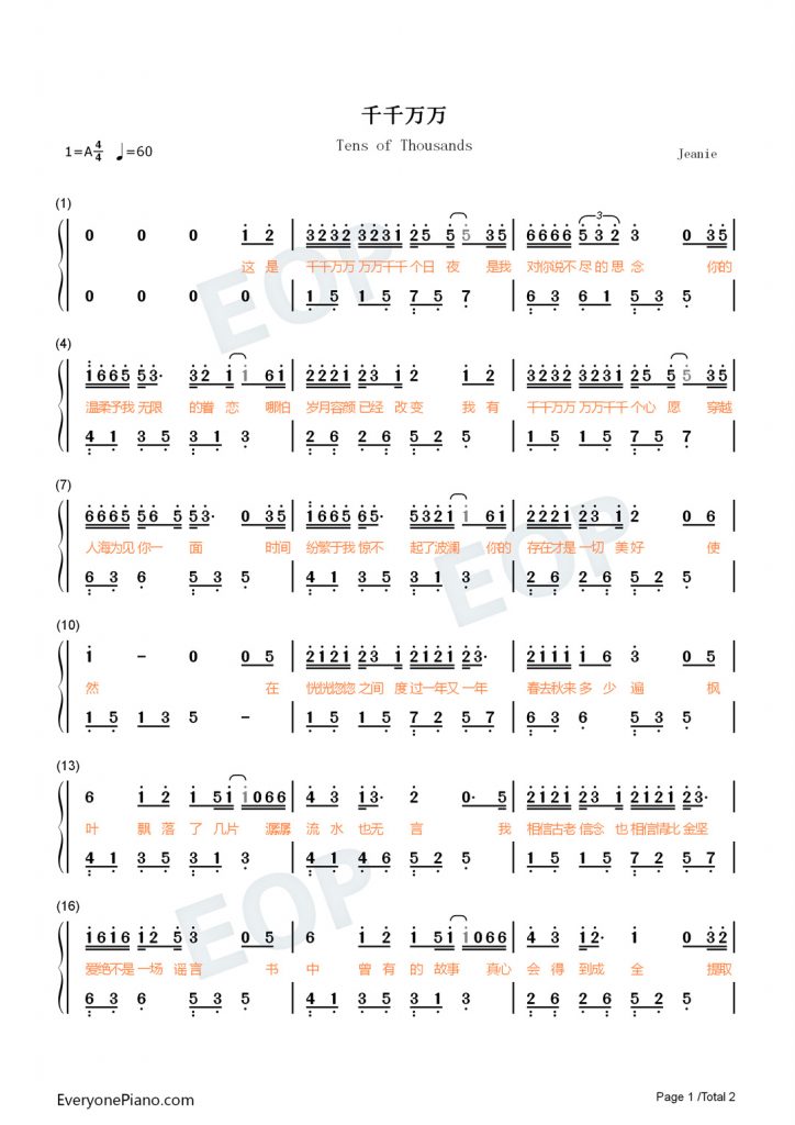 千千万万 钢琴数字简谱 这是千千万万万万千千个日夜是我对你说不尽的思念-抖音热歌