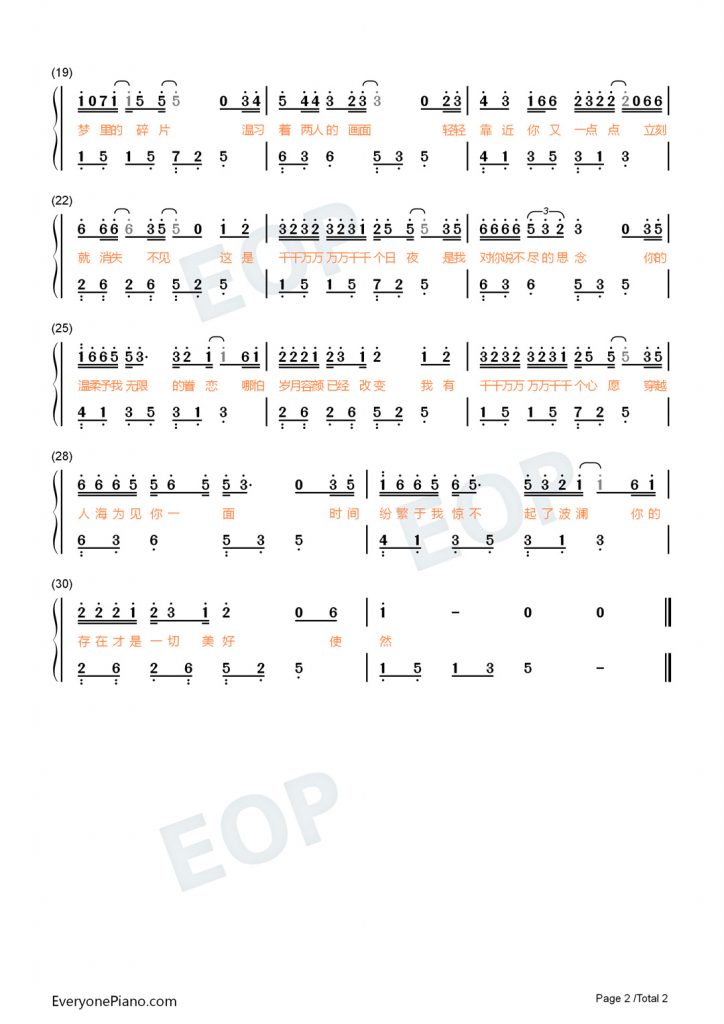 千千万万 钢琴数字简谱 这是千千万万万万千千个日夜是我对你说不尽的思念-抖音热歌