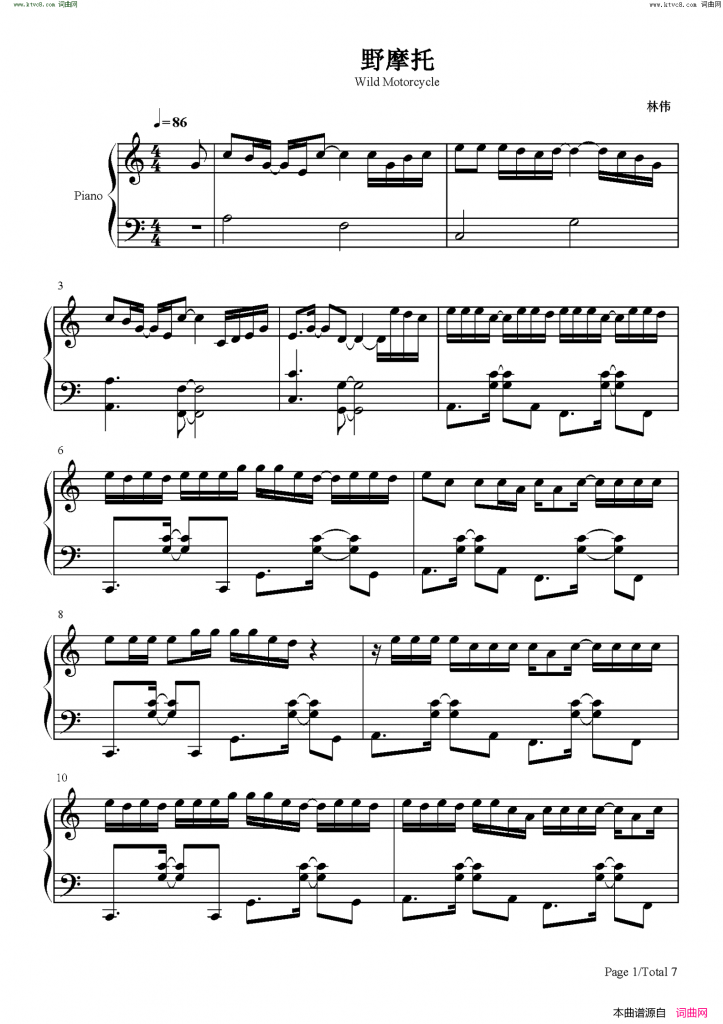 野摩托 钢琴谱-抖音热歌